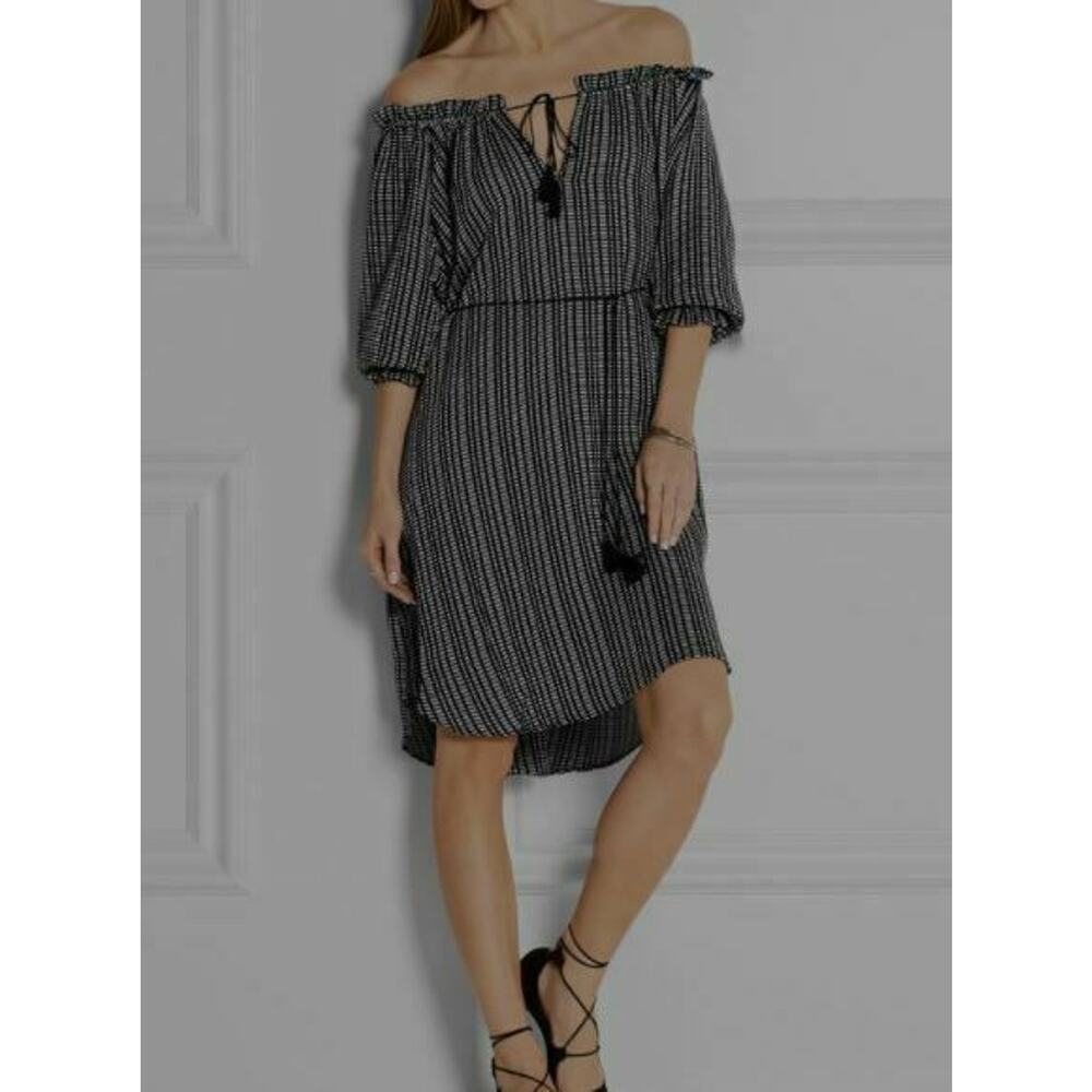 Zimmermann Pavilion Striped Dress 2 Wide Neck Off Shoulder Black Tassel Tie